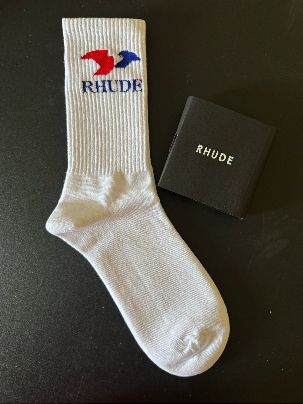 Rhude EAGLE Red & Blue Logo Ribbed Socks - White